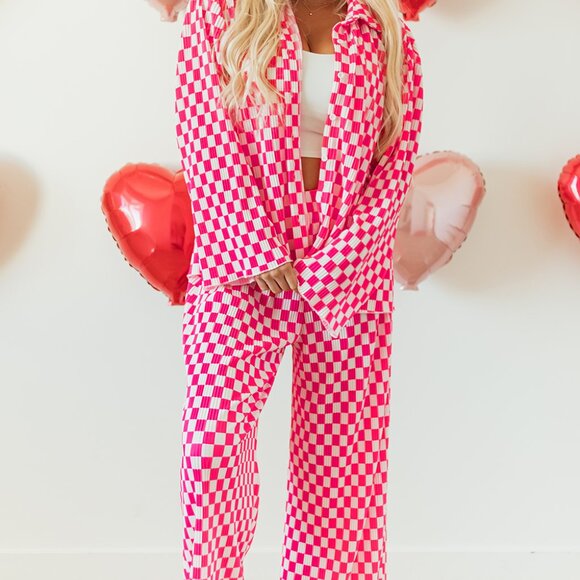 Pink Checkered Buttoned Shirt and High Waist Pants Pajama Set - Picture 12 of 16